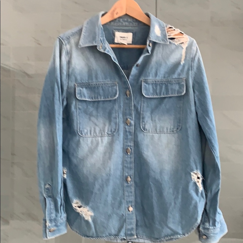 Distressed denim button up shirt